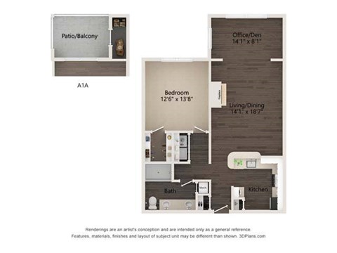 Floor plan for 1 bed, 1 bath, 890 sqft